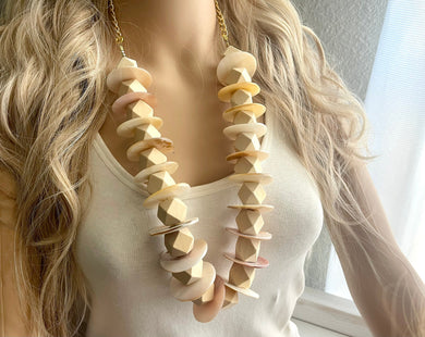 Long Chunky Single Strand Strand Wood & Shell Statement Necklace, creamy tan beaded jewelry, shell necklace coral jewelry, white necklace