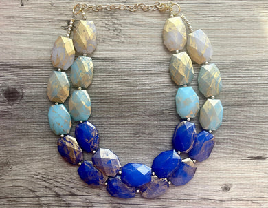 Golden Blue Ombré Necklace, Double strand bright jewelry, big beaded chunky statement, summer necklace, light blue turquoise gold white aqua