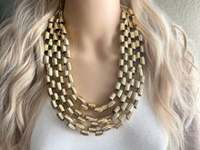 Load image into Gallery viewer, Gold Mirror chunky statement necklace, big beaded jewelry, gifts for women bib jewelry 3 strand metallic resin gold macaroni necklace