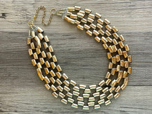 Load image into Gallery viewer, Gold Mirror chunky statement necklace, big beaded jewelry, gifts for women bib jewelry 3 strand metallic resin gold macaroni necklace