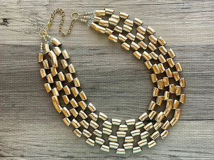 Gold Mirror chunky statement necklace, big beaded jewelry, gifts for women bib jewelry 3 strand metallic resin gold macaroni necklace