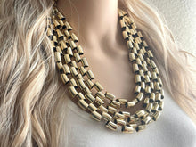 Load image into Gallery viewer, Gold Mirror chunky statement necklace, big beaded jewelry, gifts for women bib jewelry 3 strand metallic resin gold macaroni necklace