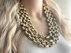 Gold Mirror chunky statement necklace, big beaded jewelry, gifts for women bib jewelry 3 strand metallic resin gold macaroni necklace