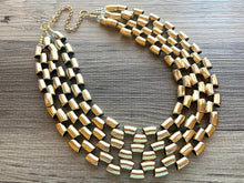 Load image into Gallery viewer, Gold Mirror chunky statement necklace, big beaded jewelry, gifts for women bib jewelry 3 strand metallic resin gold macaroni necklace