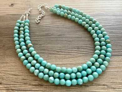 Seafoam Green Chunky Statement Necklace & Stretch Bracelet set, Triple Strand Beaded Jewelry, Green jewelry, bridesmaid silver ball