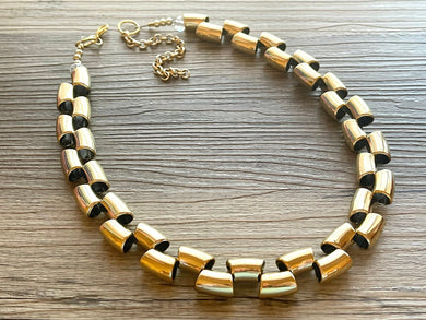 Gold Mirror chunky statement necklace, big beaded jewelry, gifts for women bib jewelry 1 strand metallic resin gold macaroni necklace