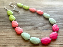 Load image into Gallery viewer, Watermelon statement necklace, pink and green, Beaded statement necklace, long coral necklace, green necklace, statement jewelry