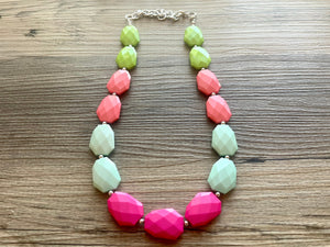 Watermelon statement necklace, pink and green, Beaded statement necklace, long coral necklace, green necklace, statement jewelry