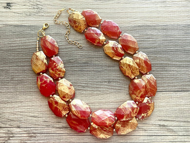 Golden Red Necklace, Double strand bright jewelry, big beaded chunky statement, summer necklace bright Cherry red gold