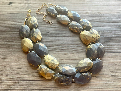 Golden Gray Necklace, Double strand bright jewelry, big beaded chunky statement, summer necklace smokey gray gold