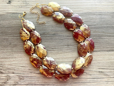 Golden Cranberry Necklace, Double strand bright jewelry, big beaded chunky statement, summer necklace Marsala dark red maroon gold