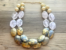 Load image into Gallery viewer, Golden Royal Blue Sky Necklace, Double strand bright jewelry, big beaded chunky statement, summer necklace, turquoise blue gold white