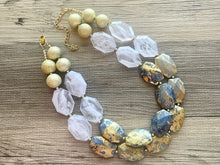 Load image into Gallery viewer, Golden Royal Blue Sky Necklace, Double strand bright jewelry, big beaded chunky statement, summer necklace, turquoise blue gold white