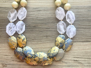 Golden Royal Blue Sky Necklace, Double strand bright jewelry, big beaded chunky statement, summer necklace, turquoise blue gold white