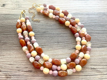 Load image into Gallery viewer, Butterscotch Sundae Statement Necklace, Chunky 3 Strand Jewelry, brown necklace pink yellow necklace, gold bib beaded necklace neutral