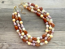 Load image into Gallery viewer, Butterscotch Sundae Statement Necklace, Chunky 3 Strand Jewelry, brown necklace pink yellow necklace, gold bib beaded necklace neutral