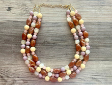 Load image into Gallery viewer, Butterscotch Sundae Statement Necklace, Chunky 3 Strand Jewelry, brown necklace pink yellow necklace, gold bib beaded necklace neutral