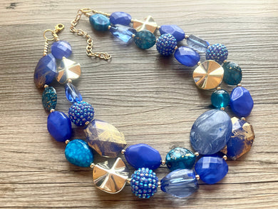 Blue Moonlight Statement Necklace, chunky bib beaded jewelry, neutral jewelry, gold blue necklace, beaded acrylic jewelry periwinkle