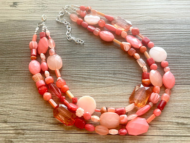 Coral Geometric Strand statement necklace, big beaded chunky jewelry, Coral Pink Orange Bib Jewelry Set, 3 strand collar jewelry