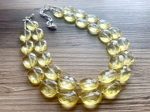 Pale Yellow Statement Necklace, Oval Beaded Everyday yellow jewelry, silver accents chunky bib necklace, clear resin lucite earrings yellow