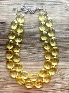 Pale Yellow Statement Necklace, Oval Beaded Everyday yellow jewelry, silver accents chunky bib necklace, clear resin lucite earrings yellow