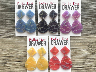 Colorful Geometric earrings, square & teardrop earrings acrylic acetate lucite drop jewelry, red yellow gray purple blue earrings