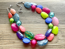 Load image into Gallery viewer, Waikiki Beach Necklace colorful jewelry, big beaded chunky statement necklace, lime green peach purple blue magenta jewelry