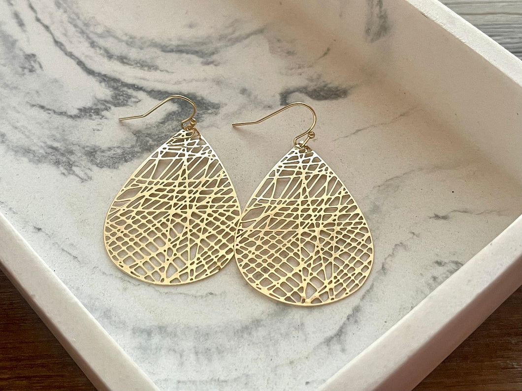 Web Filigree Earrings, gold drop Metal Filigree Earrings, filigree jewelry, metallic gold jewelry cutout lace earrings, metal geometric