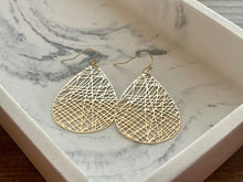 Load image into Gallery viewer, Web Filigree Earrings, gold drop Metal Filigree Earrings, filigree jewelry, metallic gold jewelry cutout lace earrings, metal geometric