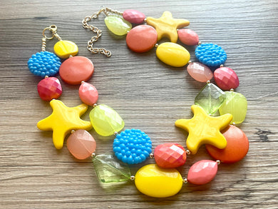 Taste the Rainbow double strand, OOAK statement Necklace, colorful bright Beaded Necklace, summer golden jewelry starfish