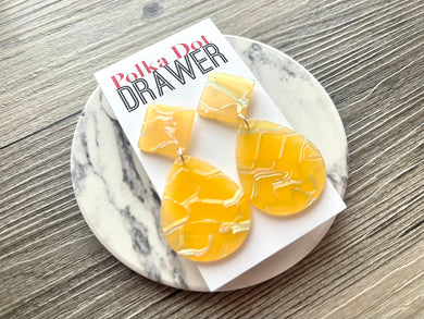 Yellow Geometric earrings, square & teardrop earrings acrylic acetate lucite drop jewelry, marigold and gray dragon vein statement earrings