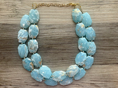 Golden Aqua Necklace, Double strand bright jewelry, big beaded chunky statement, summer necklace, light turquoise blue gold white