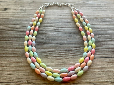 Shiny Pastel Chunky Statement Necklace, multi Strand Beaded Jewelry, blue pink gray jewelry, spring necklace, Easter statement tube beaded