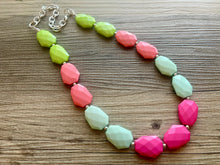 Load image into Gallery viewer, Watermelon statement necklace, pink and green, Beaded statement necklace, long coral necklace, green necklace, statement jewelry