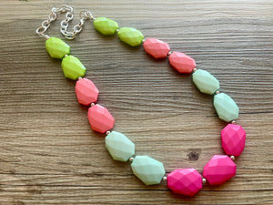 Watermelon statement necklace, pink and green, Beaded statement necklace, long coral necklace, green necklace, statement jewelry