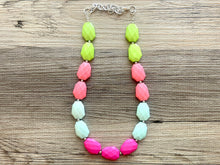 Load image into Gallery viewer, Watermelon statement necklace, pink and green, Beaded statement necklace, long coral necklace, green necklace, statement jewelry