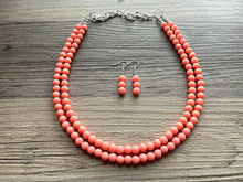 Load image into Gallery viewer, Two Strand Coral Statement Necklace, pink - orange beaded jewelry, peach necklace, coral jewelry, peach bridesmaid, coral earrings bead