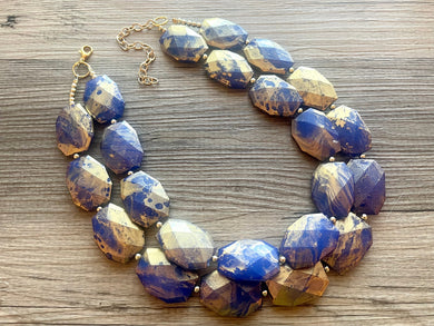 Golden Royal Blue Necklace, Double strand bright jewelry, big beaded chunky statement, summer necklace, turquoise blue gold white