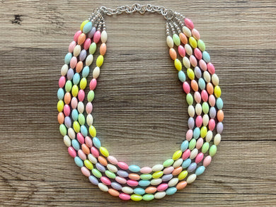 Shiny Pastel Chunky Statement Necklace, multi Strand Beaded Jewelry, blue pink gray jewelry, spring necklace, Easter statement tube beaded