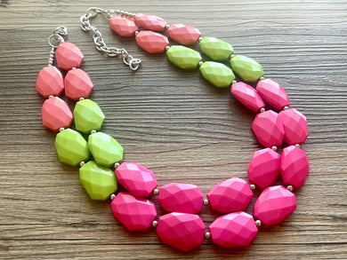 Light Green Coral Hot Pink Necklace, Double Strand statement necklace, big beaded chunky jewelry, lime green necklace jewelry