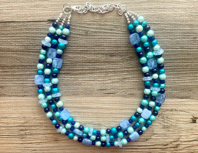 Bubble Blue Shoe 3 strand OOAK statement Necklace, blue Beaded Necklace, Pearl summer silver jewelry, bubble chunky collar