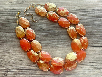 Golden Orange Necklace, Double strand bright jewelry, big beaded chunky statement, summer necklace bright Sunny orange gold