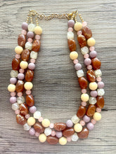 Load image into Gallery viewer, Butterscotch Sundae Statement Necklace, Chunky 3 Strand Jewelry, brown necklace pink yellow necklace, gold bib beaded necklace neutral