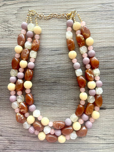 Butterscotch Sundae Statement Necklace, Chunky 3 Strand Jewelry, brown necklace pink yellow necklace, gold bib beaded necklace neutral