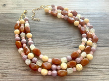 Load image into Gallery viewer, Butterscotch Sundae Statement Necklace, Chunky 3 Strand Jewelry, brown necklace pink yellow necklace, gold bib beaded necklace neutral