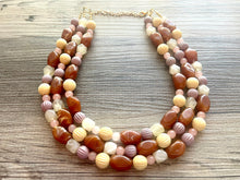 Load image into Gallery viewer, Butterscotch Sundae Statement Necklace, Chunky 3 Strand Jewelry, brown necklace pink yellow necklace, gold bib beaded necklace neutral