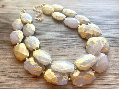 Golden Starlight Necklace, Double strand bright jewelry, big beaded chunky statement, summer necklace bright white gold