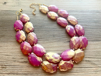 Golden Passion Fruit Necklace, Double strand bright jewelry, big beaded chunky statement, summer necklace bright pink gold magenta dark pink