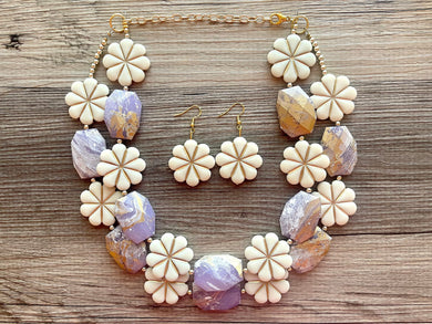 Golden Lavender MOD Necklace, Double strand bright jewelry, big beaded chunky statement, summer necklace, light purple gold lilac earrings