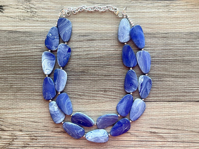 White & Royal Blue Necklace, Double strand bright jewelry, big beaded chunky statement, summer necklace, blue white painted jewelry